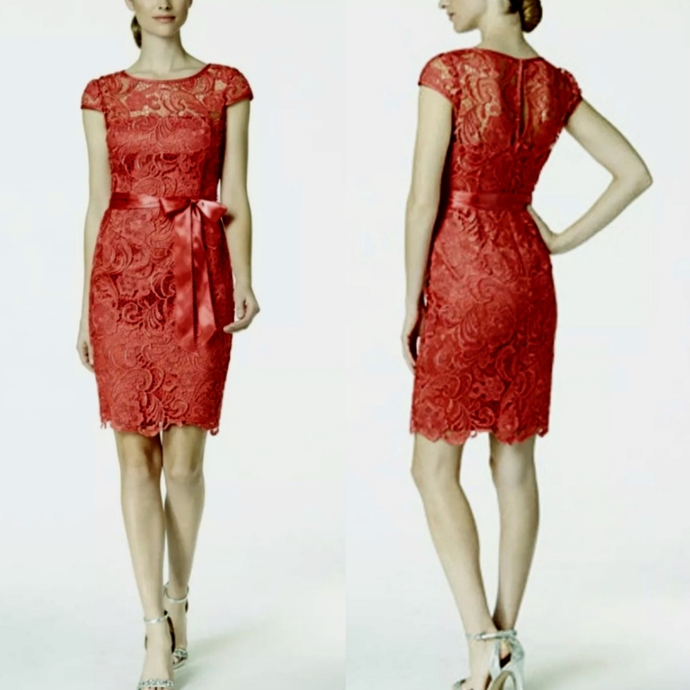 Adrianna Papell Rose Red Lace Illusion Party Dress XS - Picture 2 of 13